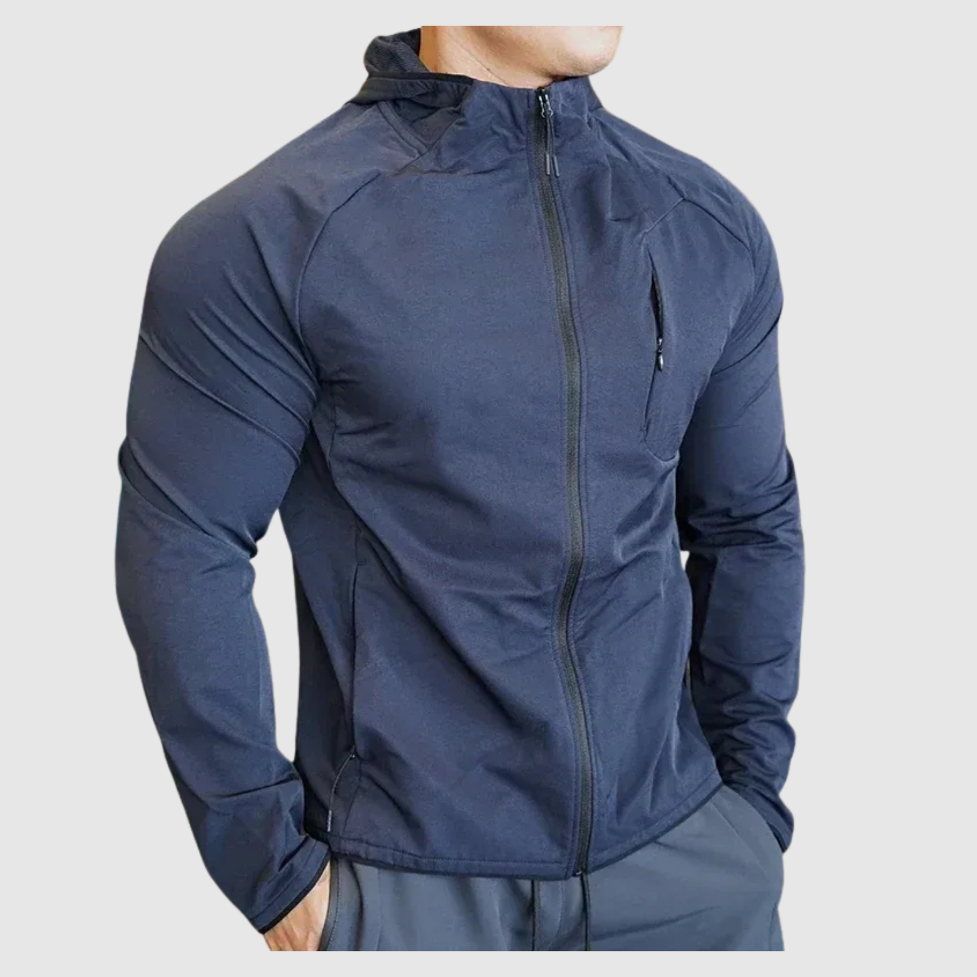 Men's Nylon Hooded Training Jacket with Zipper and Front Pocket 