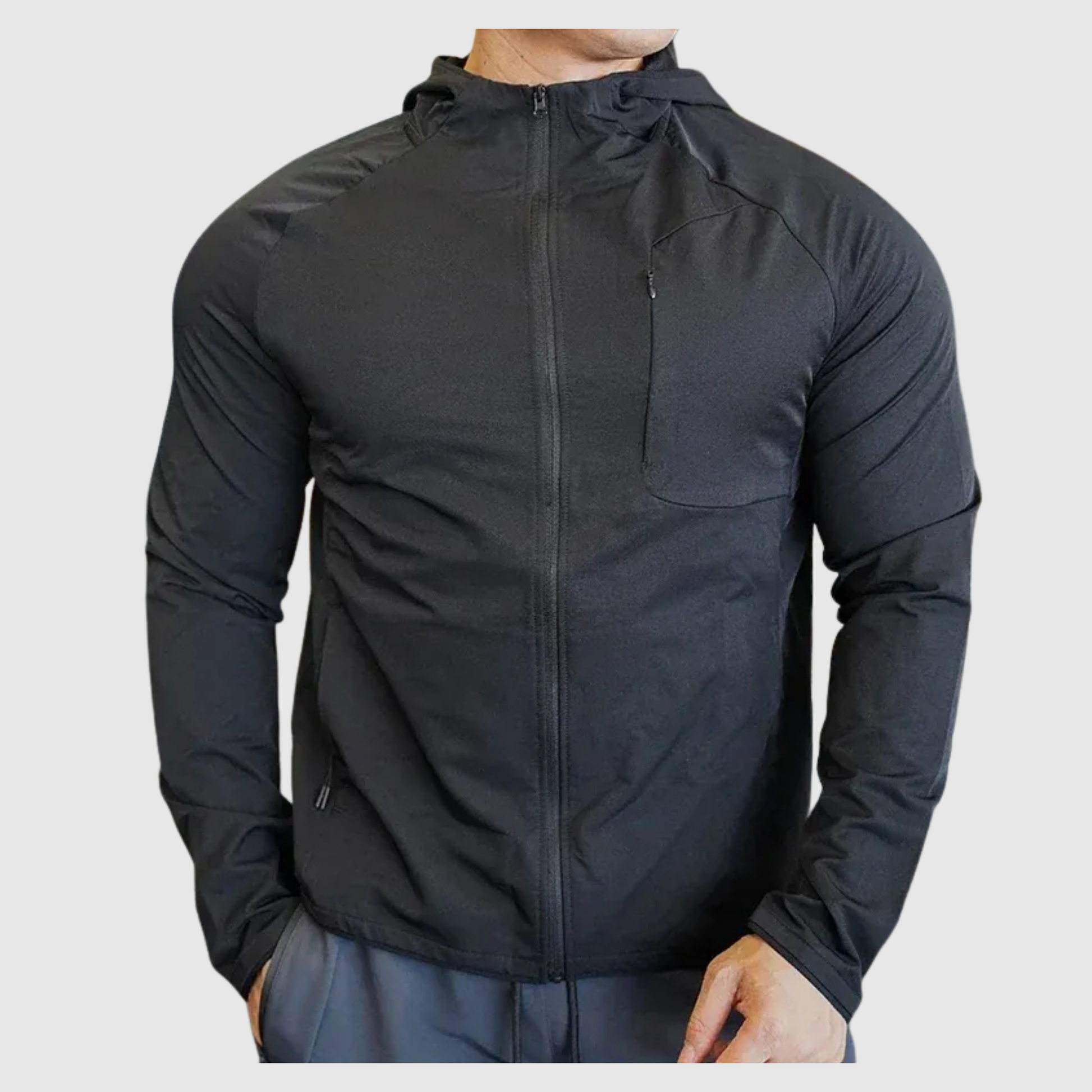 Men's Nylon Hooded Training Jacket with Zipper and Front Pocket 