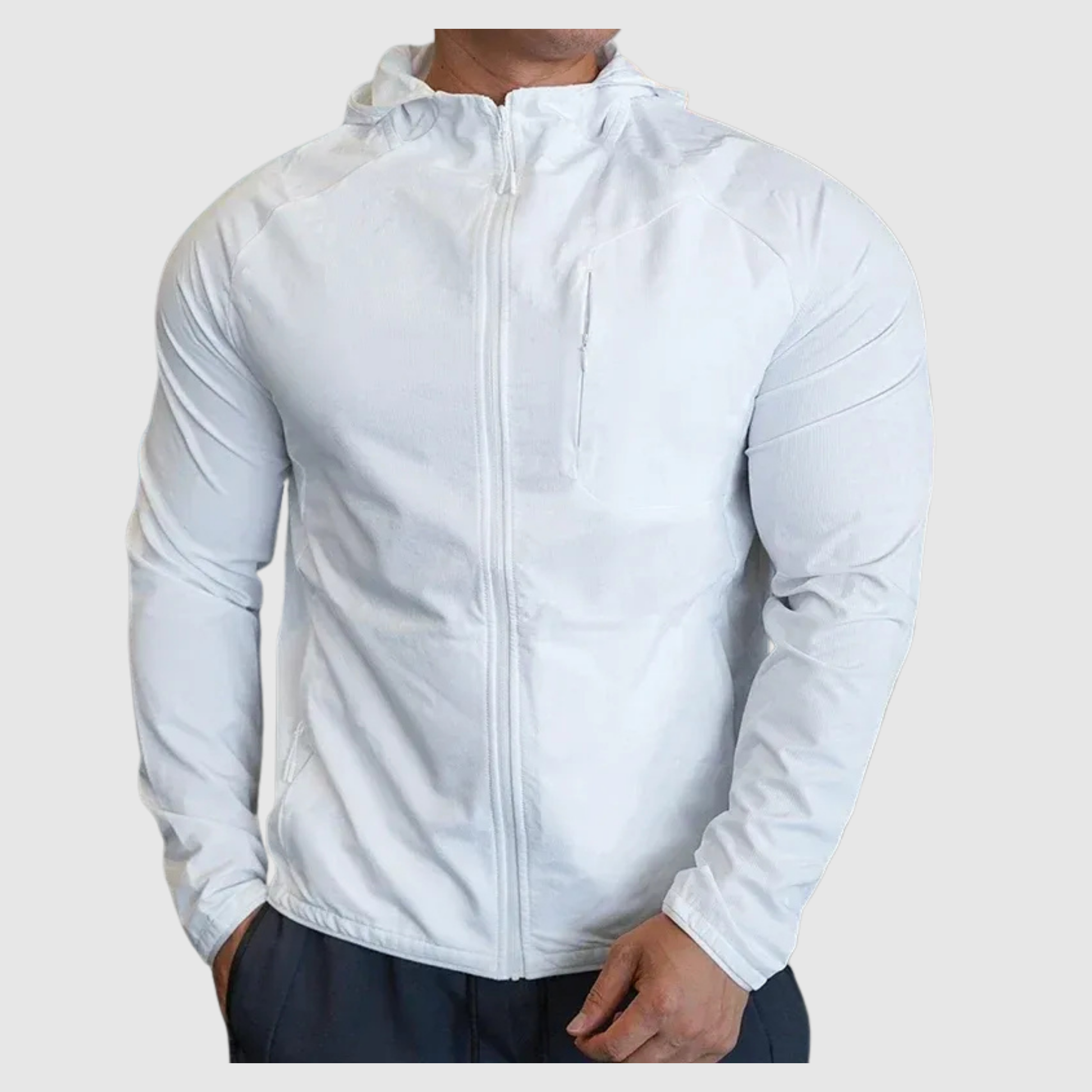Men's Nylon Hooded Training Jacket with Zipper and Front Pocket 